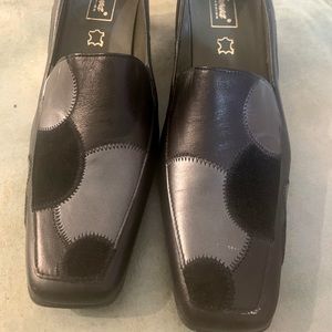 Black leather heels with grey leather and black suede accents. size 9